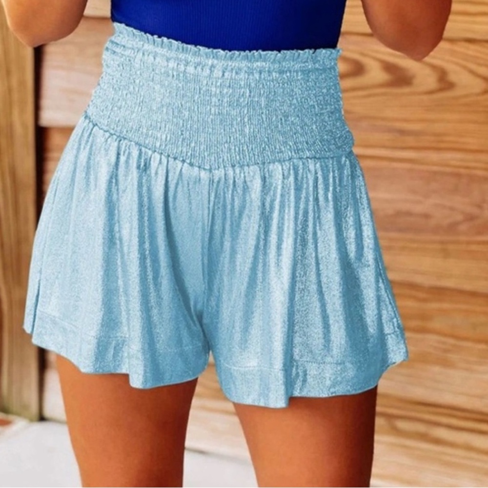 Queen of Sparkles Blue Metallic Smocked Waist Swing Shorts Sz S